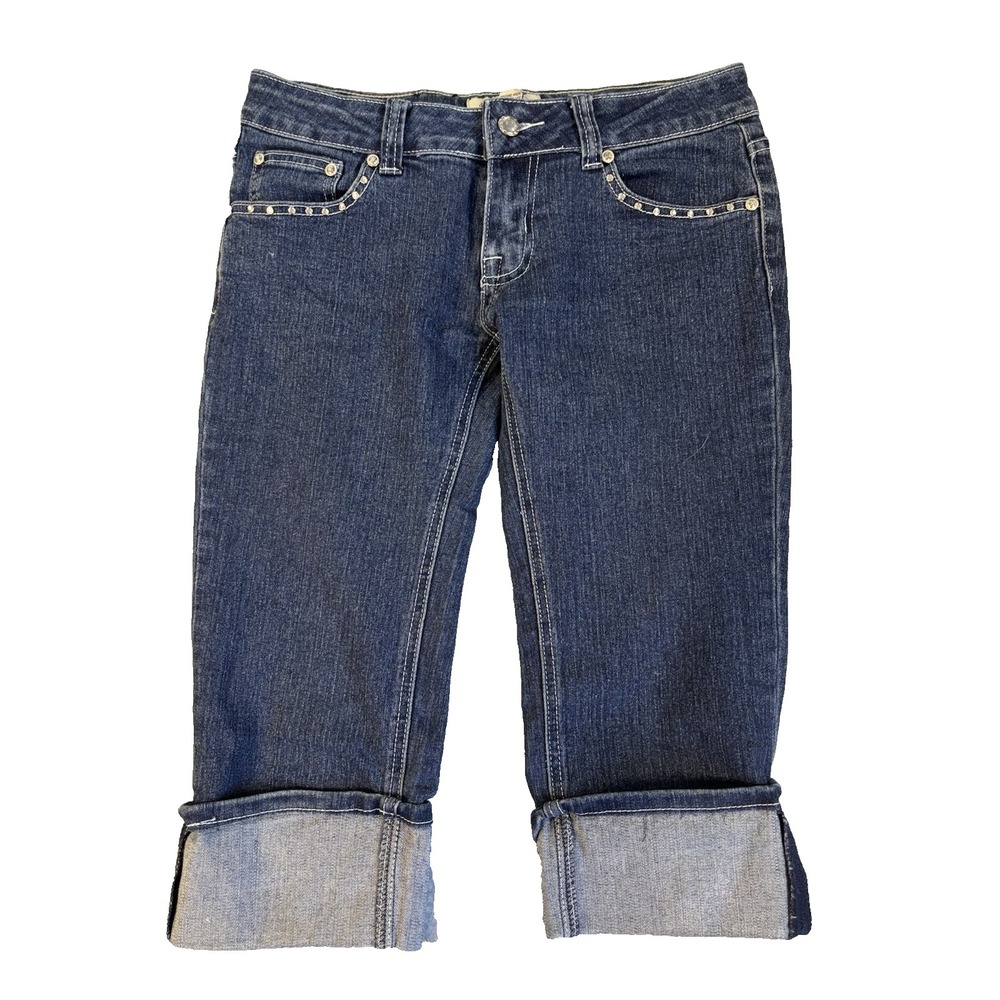 Vtg Y2K Rico Denim Capris 7 Embroidered Studded Rhinestone Cuffed Crop Jeans
